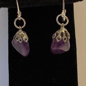 Amethyst and Silver Leverback Earrings, Handmade, 1.5" drop